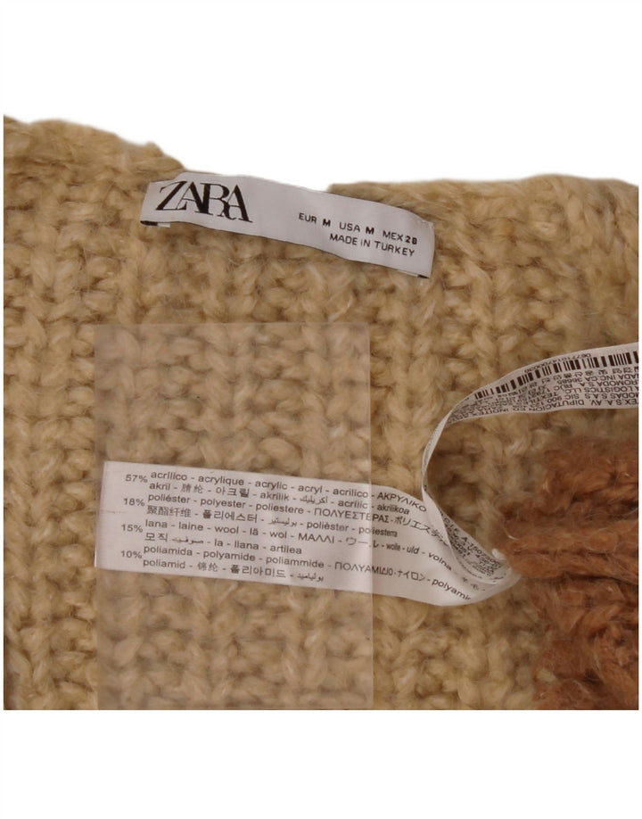 ZARA Dame Oversized V-hals sweater UK 14 Medium Beige Stribet