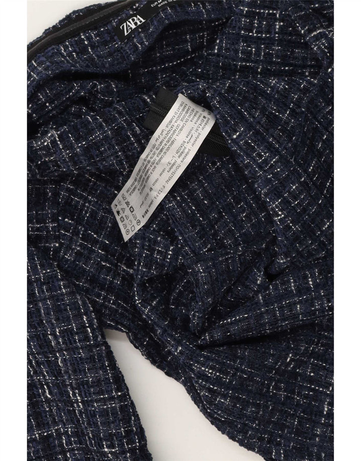 Zara Dame Off Shoulder Top UK 12 Medium Navy Blue Plaid Polyester