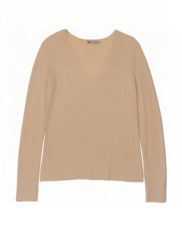 Zara Dame Top Langærmet UK 10 Small Beige Viscose