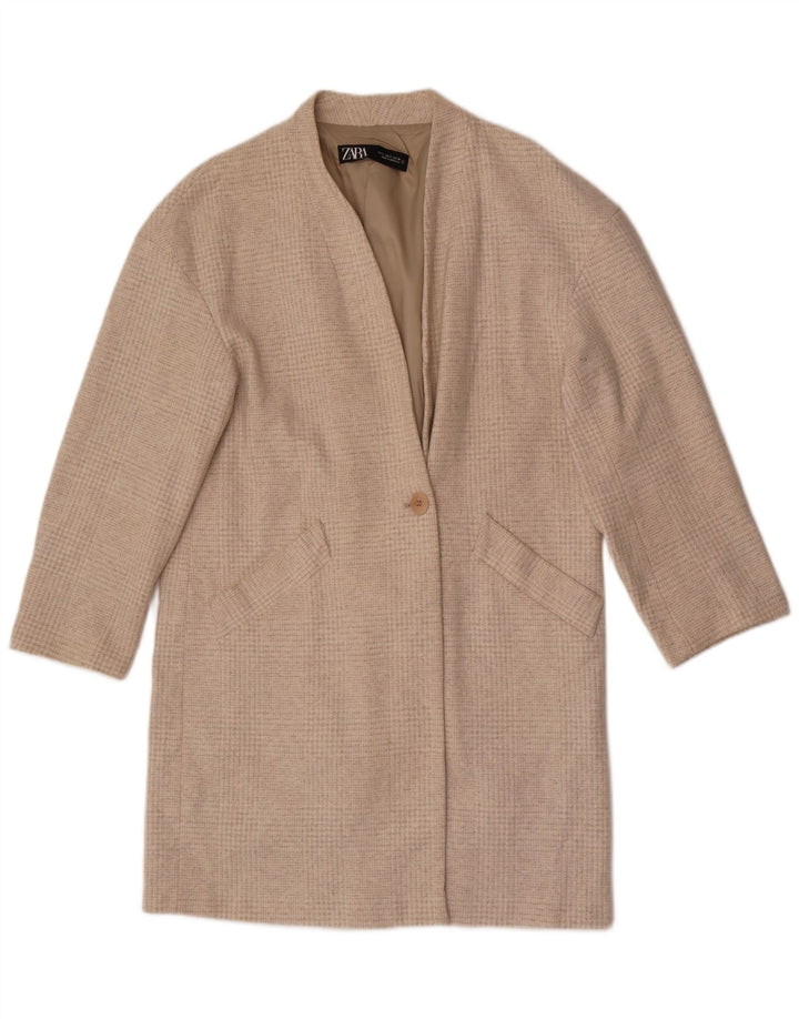 Zara Dame Oversized Overfrakke UK 10 Small Beige Houndstooth