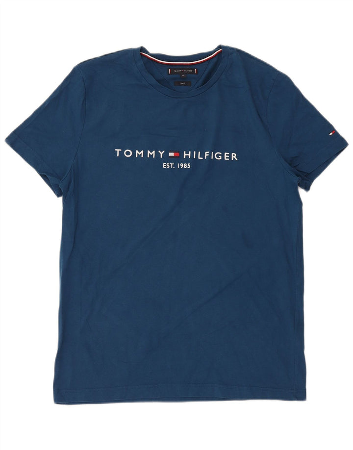 TOMMY HILFIGER Herre Slim Fit Grafisk T-Shirt Top XL Blå Bomuld