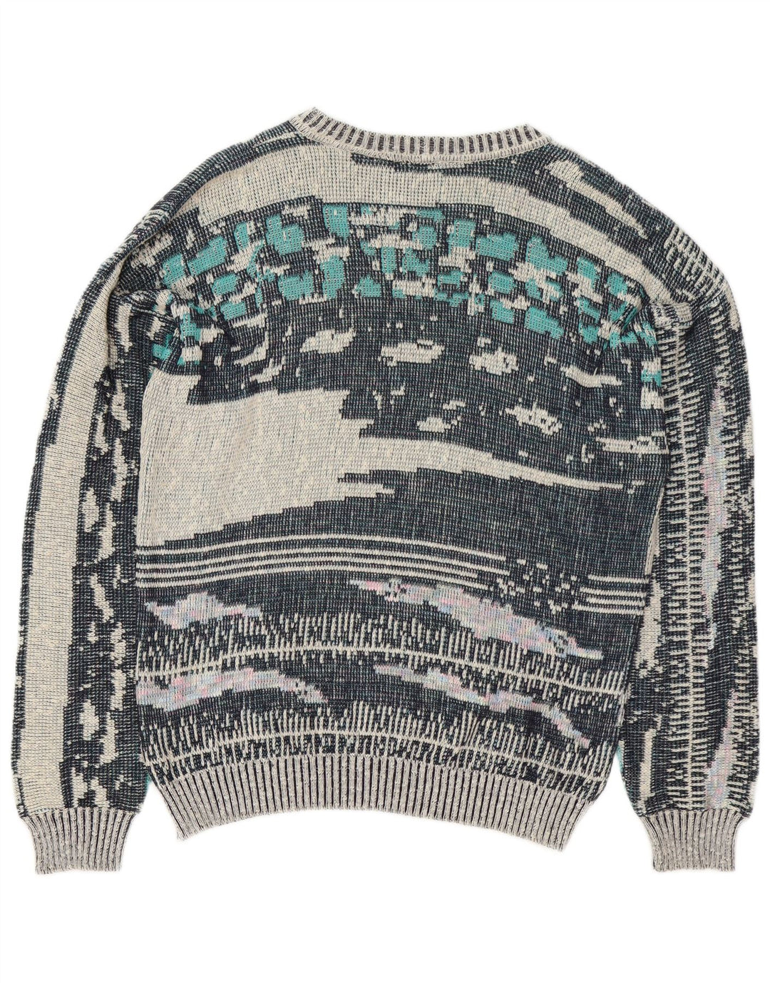 Vintage herre abstrakt mønster rund hals sweater mellemblå