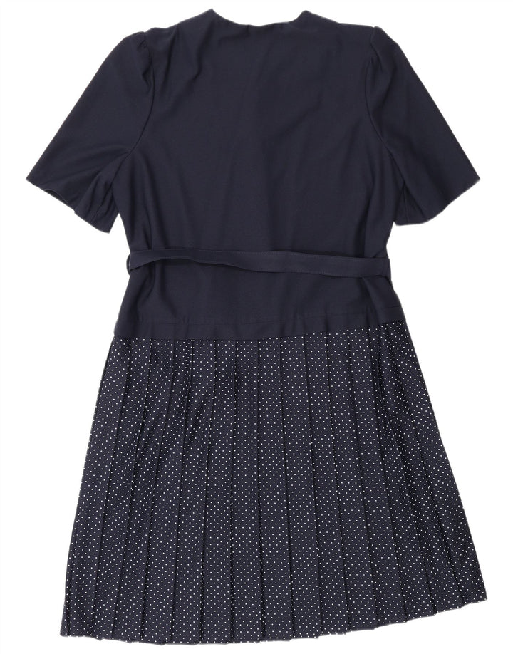 VINTAGE A-line kjole til kvinder UK 16 Stor marineblå plettet polyester