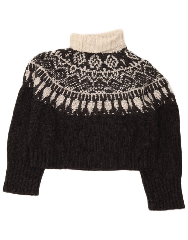 Massimo Dutti Dame Crop Roll Neck Jumper Sweater UK 6 XS Black Fair Isle