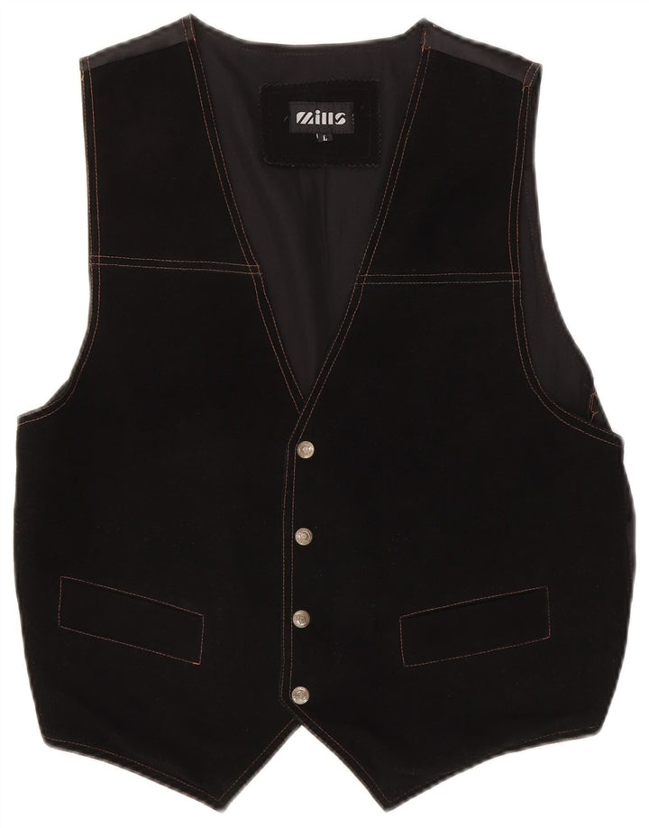 MILLS Mens Leather Waistcoat Large Black Leather