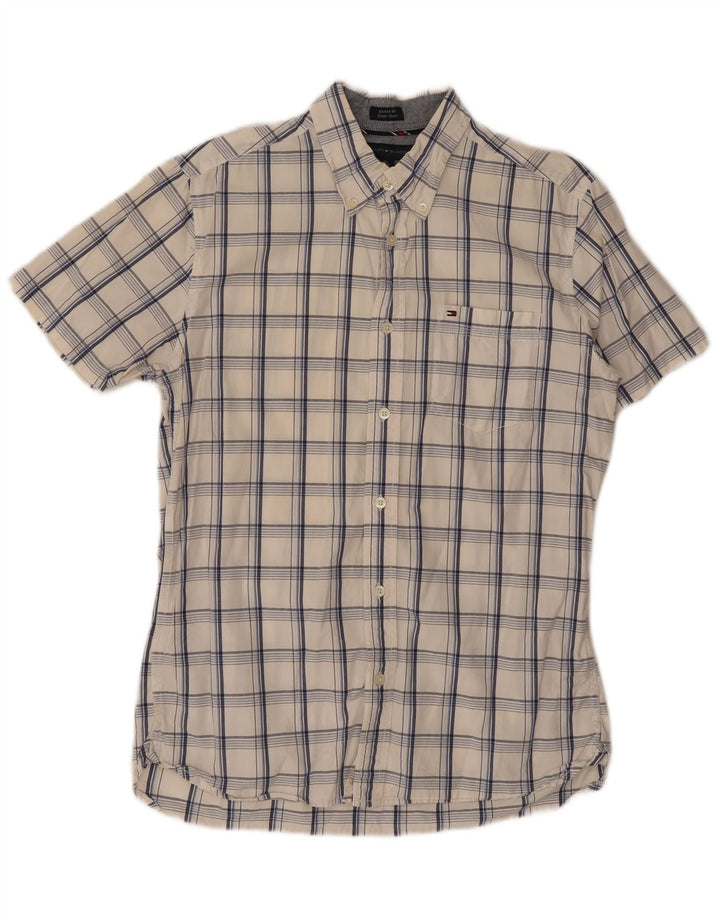 Tommy Hilfiger Mens Short Sleeve Custom Fit Shirt Medium White Check Cotton