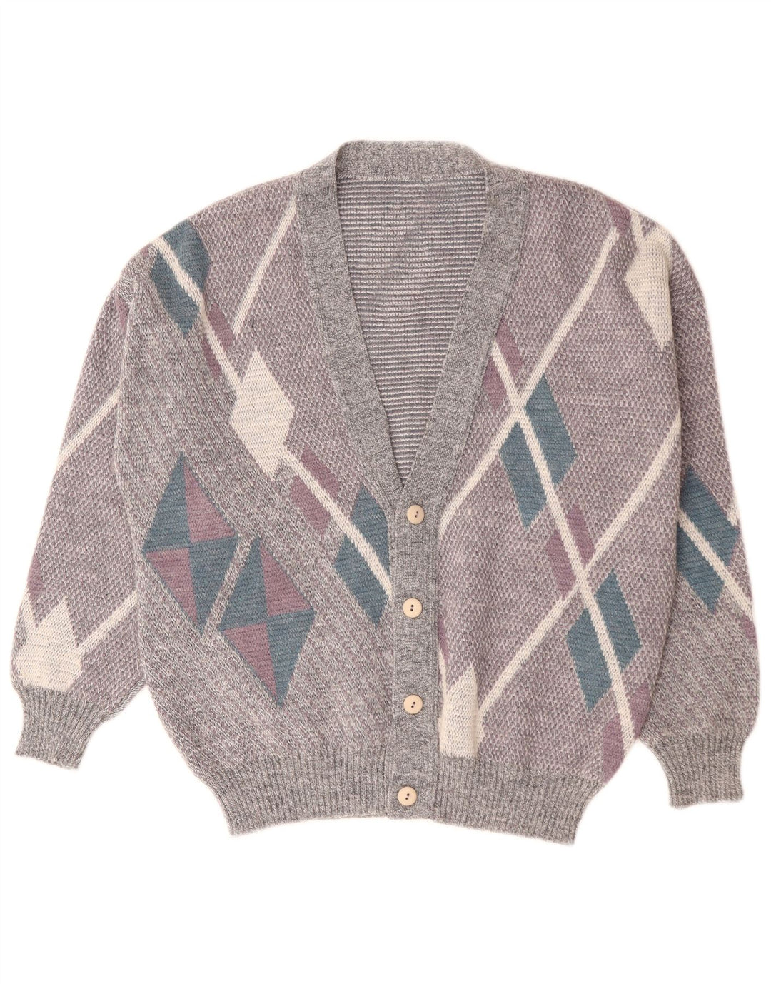 Vintage Mens Cardigan Sweater Large Grey Argyle/Diamond