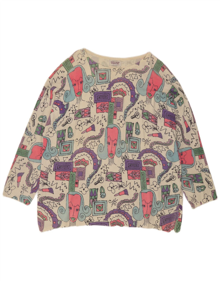 Benetton Dame Oversized grafisk Top Langærmet UK 14 Medium Off White