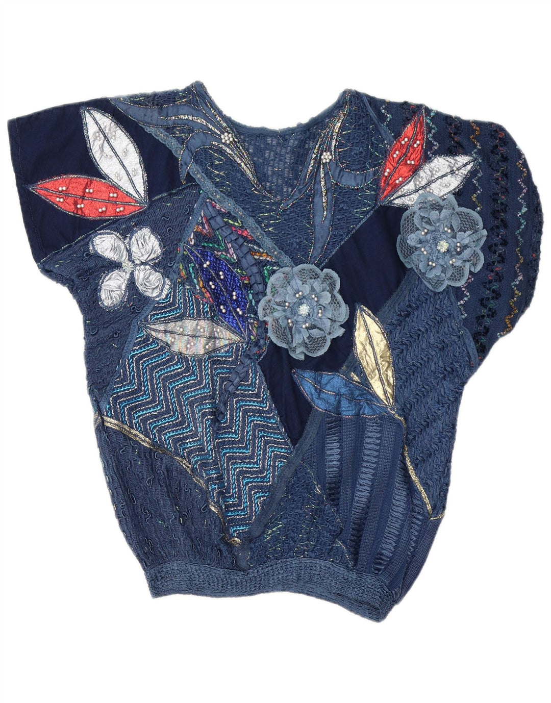 Vintage Dame bluse Top UK 16 Large Navy Blue Patchwork