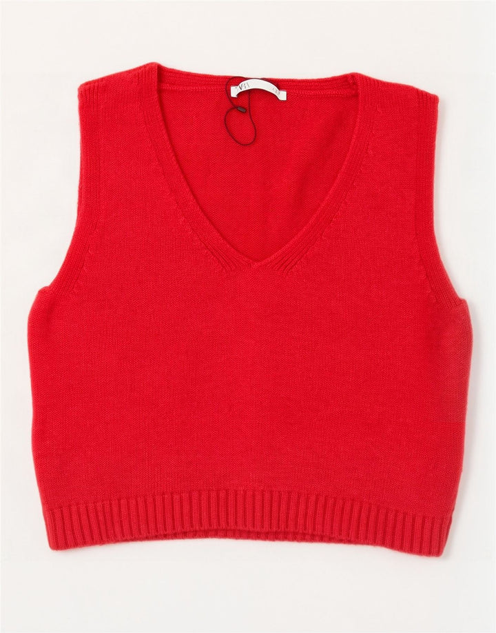 Zara Dame Crop Vest Tank Top UK 14 Medium Rød Viscose