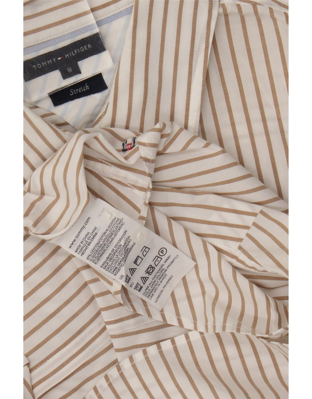 Tommy Hilfiger Dame Stretch Shirt US 8 Medium Beige Stribet Bomuld