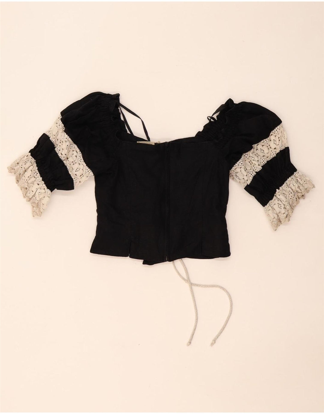 LANDHAUS Dame Trachten Crop Corset Top UK 8 Small Black Floral Linen