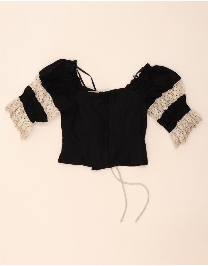 LANDHAUS Dame Trachten Crop Corset Top UK 8 Small Black Floral Linen