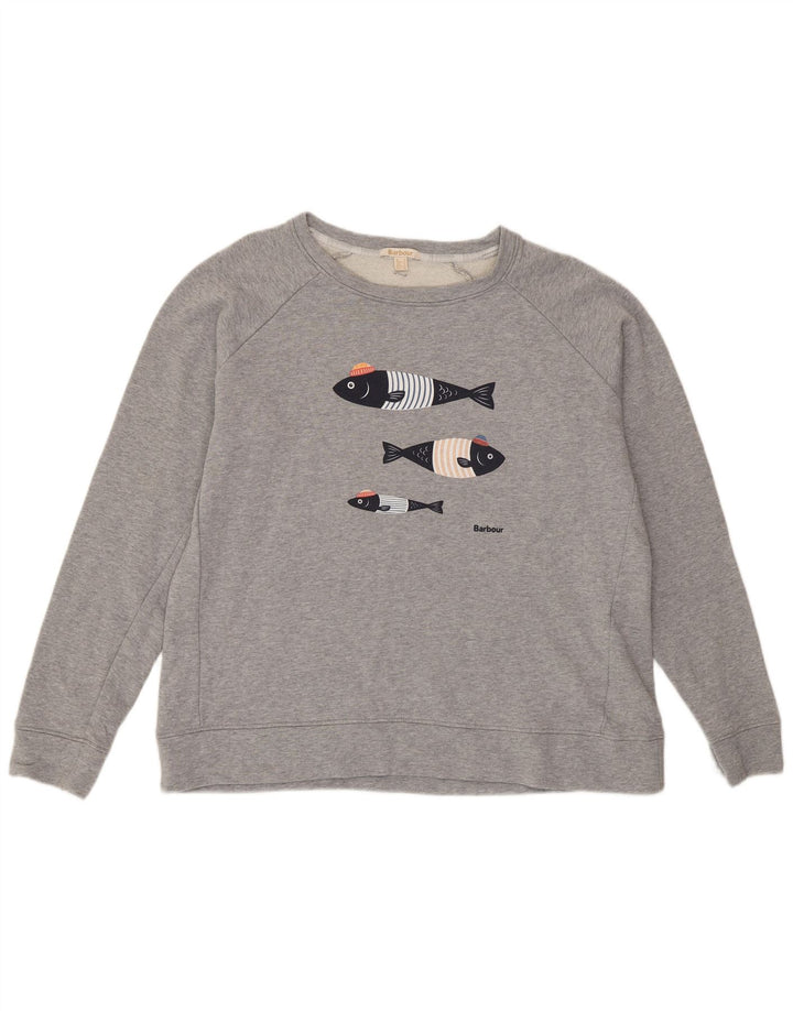 Barbour Dame Grafisk Sweatshirt Jumper UK 16 Stor Grå Bomuld