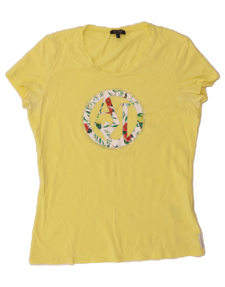 ARMANI JEANS Womens Graphic T-Shirt Top IT 44 Medium Yellow Cotton Vintage Armani Jeans and Second-Hand Armani Jeans from Messina Hembry 