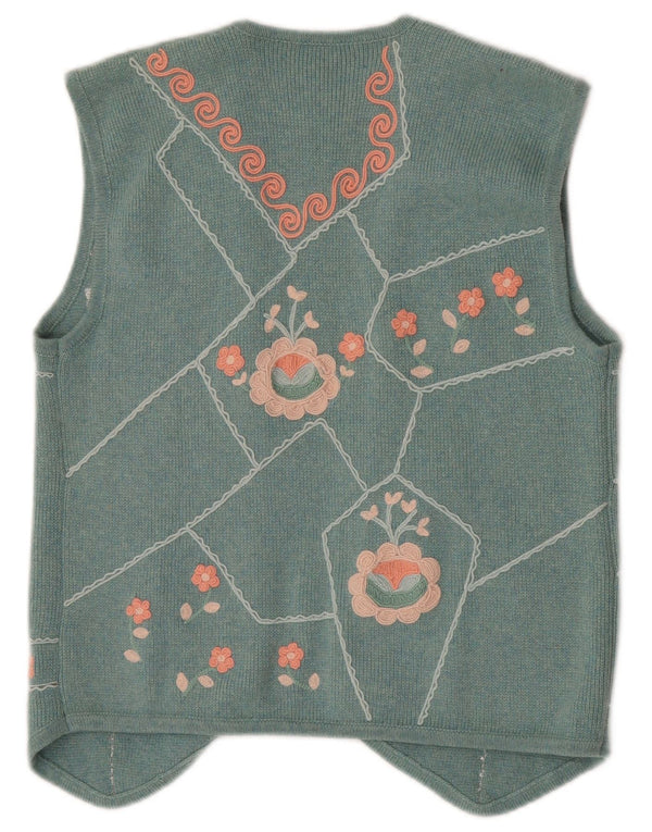 Vintage Damestrik ÅBEN vest UK 12 Medium Turkis Floral Cashmere