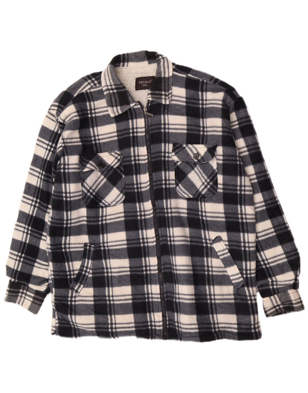 Vintage Herre Sherpa Flannel Utility Jacket UK 46 3XL Navyblå Plaid Bomuld