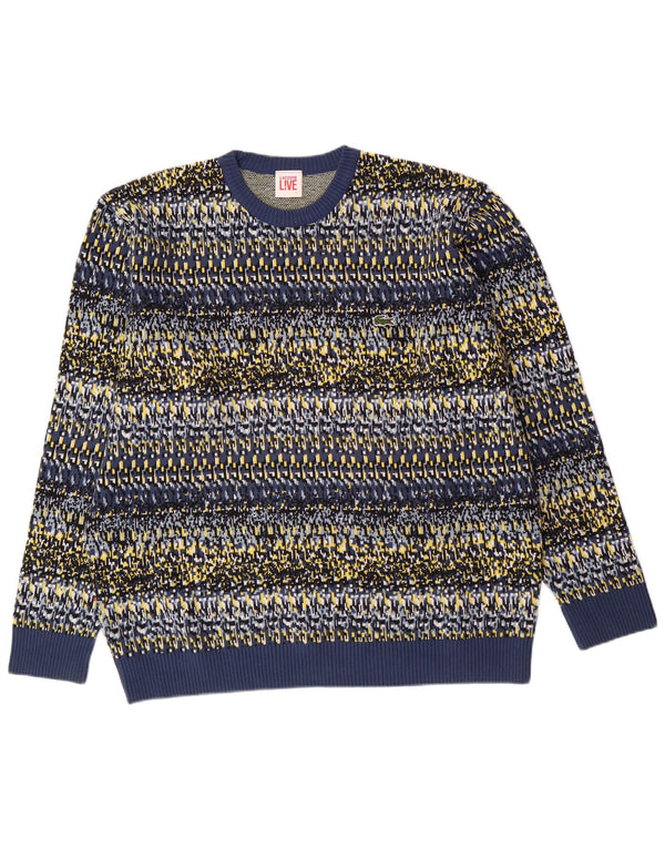 LACOSTE Mens Crew Neck Jumper Sweater Size 7 2XL Blue Geometric Cotton