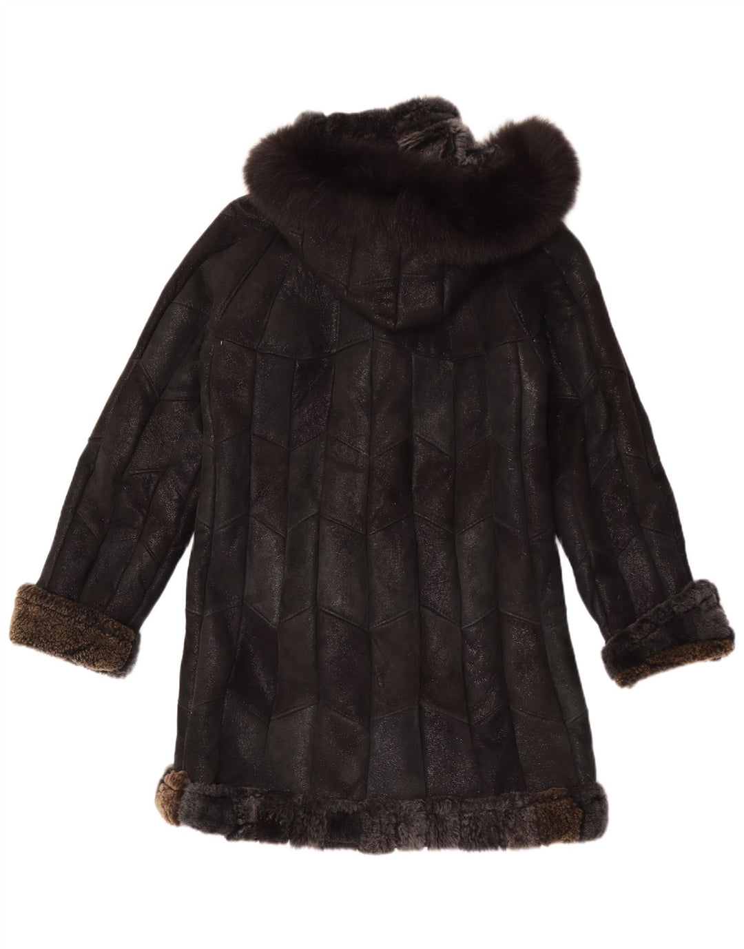 Vintage Sherpa-læderfrakke til kvinder med hætte UK 12 Medium Black