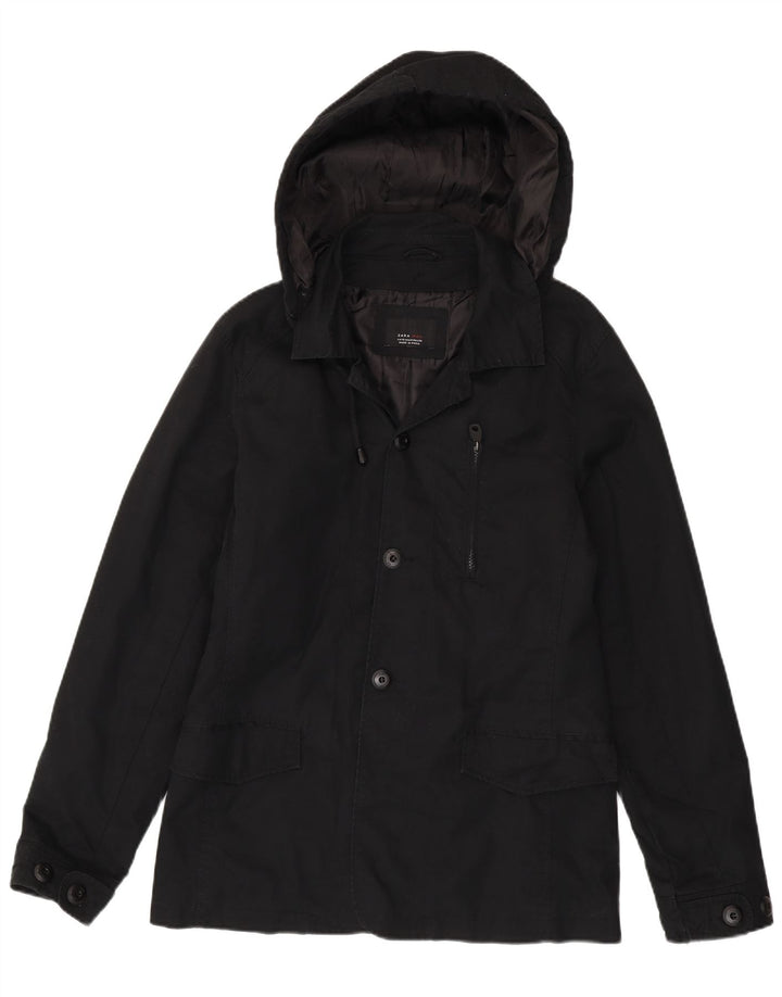 Zara Herre Hooded Parka Jacket UK 38 Medium Black Bomuld