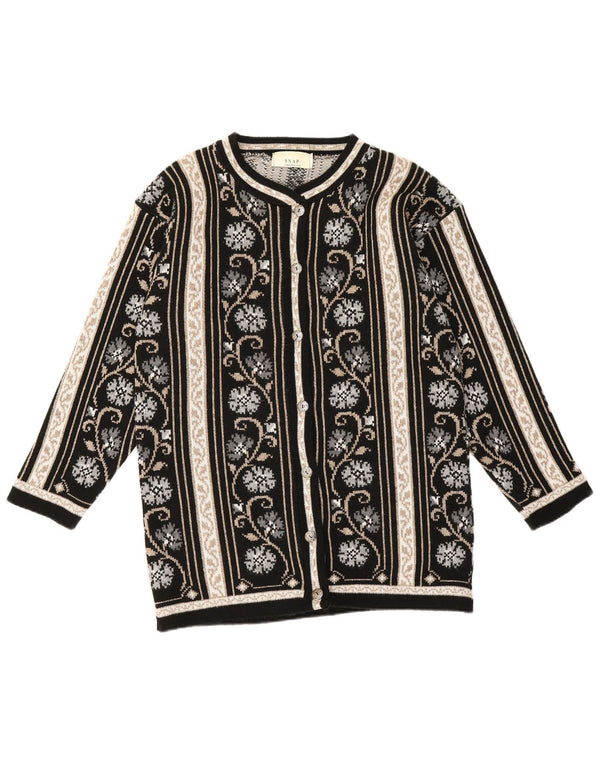 Vintage Dame Cardigan Sweater UK 16 Large Sort Blomster Syntetisk