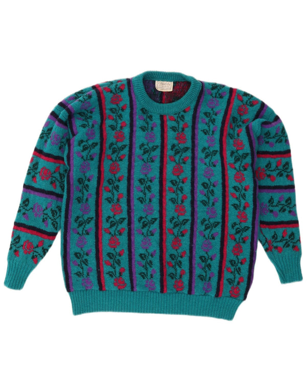 VINTAGE Dame sweater med rund hals DK 16 Stor turkis blomsteruld