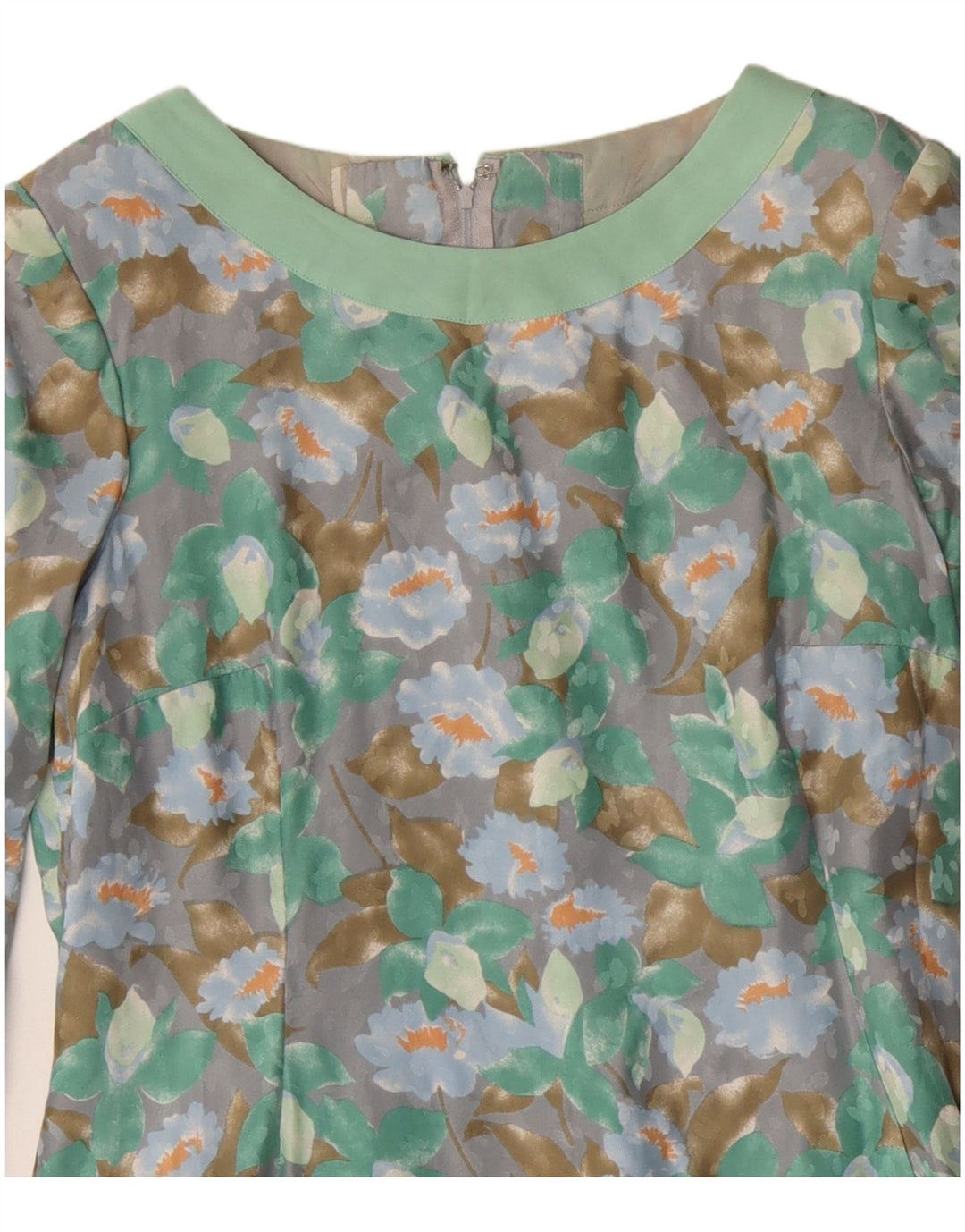 Vintage Dame Langærmet Skede Kjole UK 12 Medium Green Floral