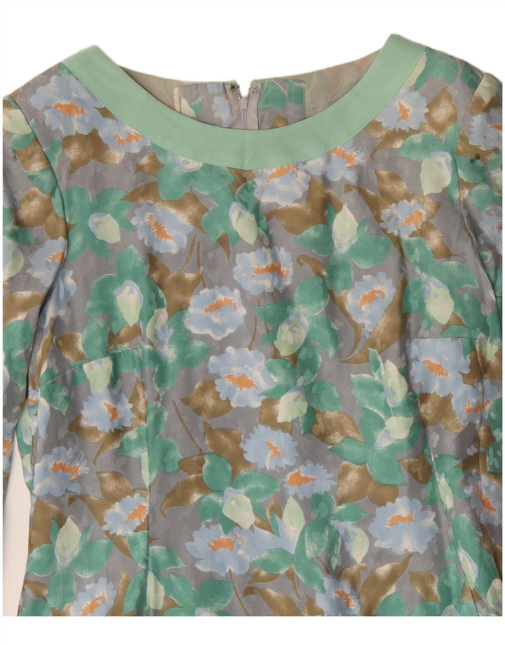 Vintage Dame Langærmet Skede Kjole UK 12 Medium Green Floral