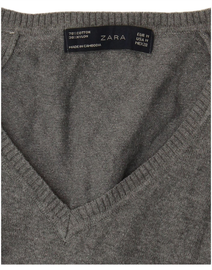Zara Dame V-hals sweater UK 12 Medium Grå Bomuld