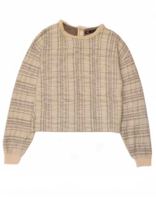 Zara Womens Crop Langærmet Bluse Top UK 10 Small Beige Ternet polyester