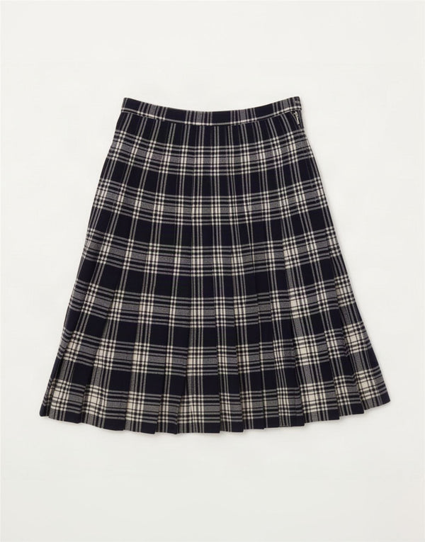 Vintage Womens Knife Pleated Skirt Medium W28 Navy Blue Plaid Polyester