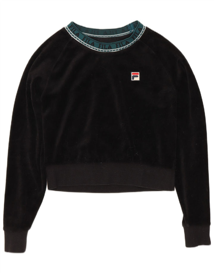 FILA Dame Oversized Graphic Velvet Sweatshirt Jumper UK 10 Small Black
