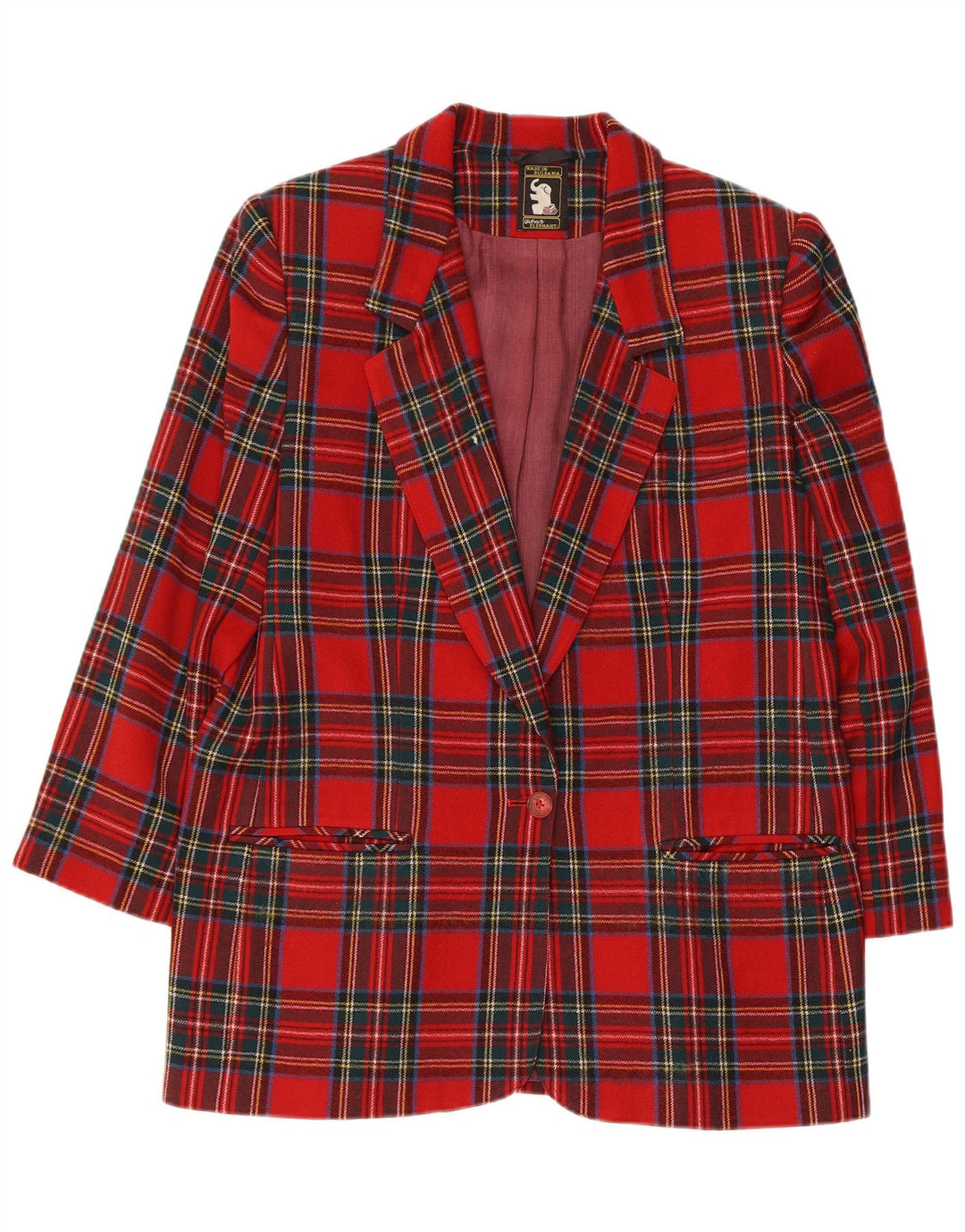 Vintage dame 3/4 ærmer 1 knap blazerjakke UK 14 Medium rød plaid