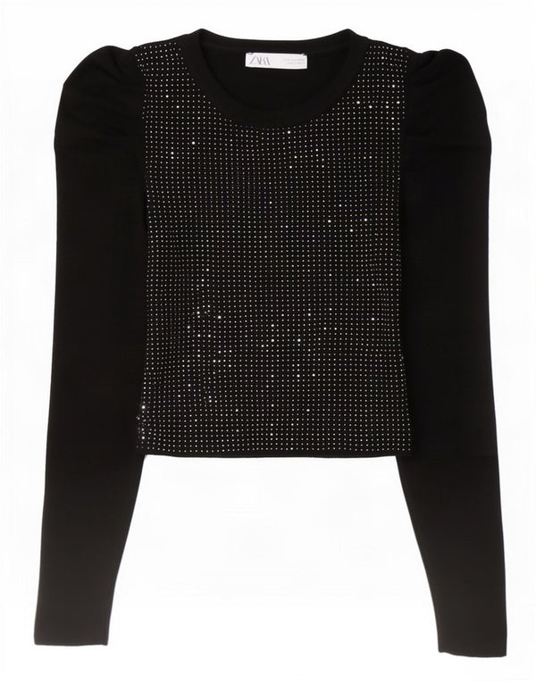 Zara Womens Crop Langærmet Bluse Top UK 10 Small Black Flecked Polyamide