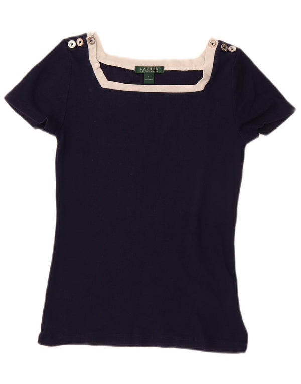 Ralph Lauren Dame T-Shirt Top UK 10 Small Navy Blue Colourblock Bomuld