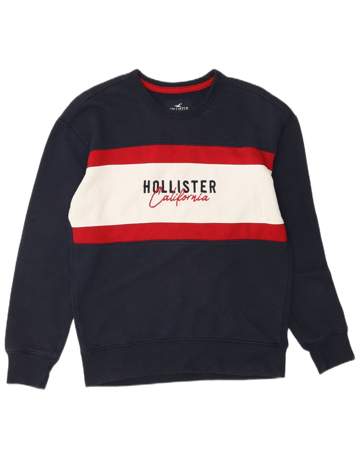HOLLISTER Mens Graphic Sweatshirt Jumper Small Navy Blue Colourblock