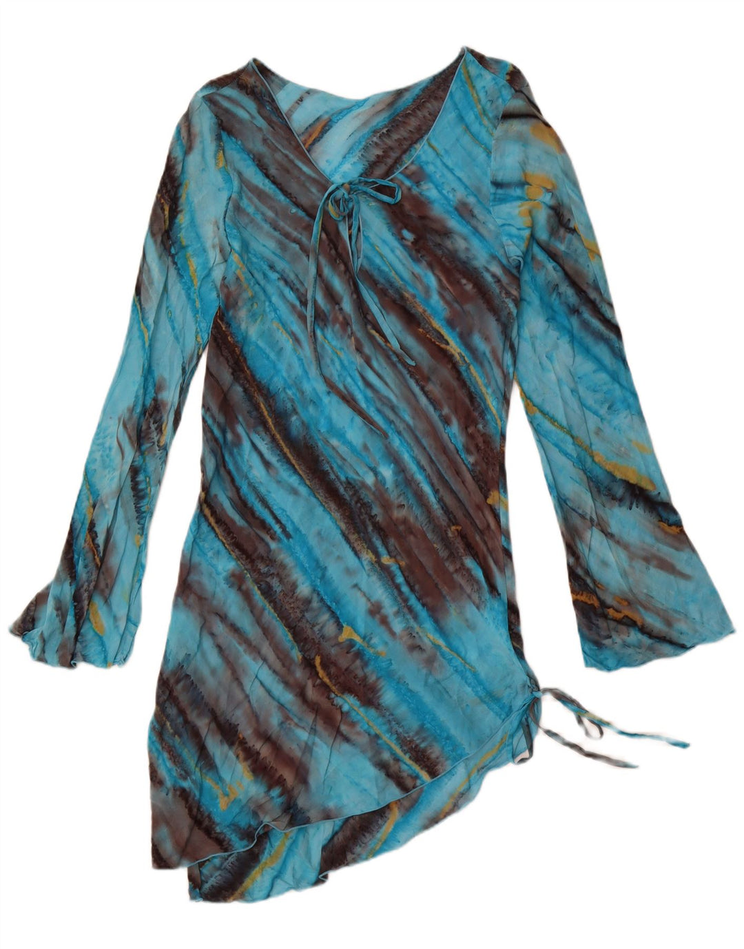 DAKS Dame Langærmet Asymmetrisk Kjole UK 12 Medium Blue Tie Dye Rayon