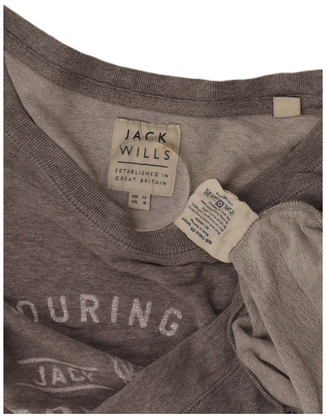 Jack Wills Womens Graphic Crop Sweatshirt Jumper UK 12 Medium Grey Bomuld