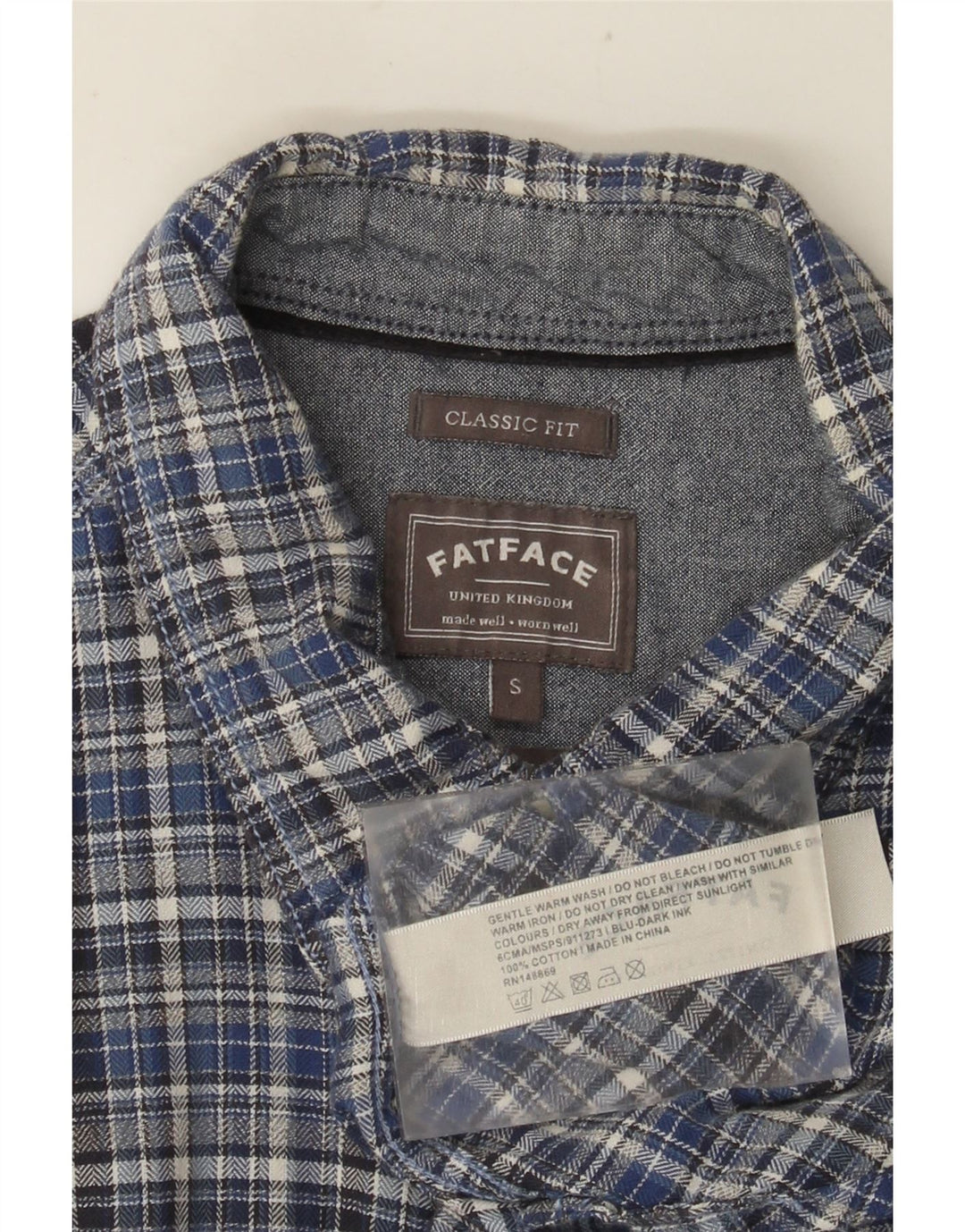 FAT FACE Herre Classic Fit Flanelskjorte Lille blå ternet bomuld