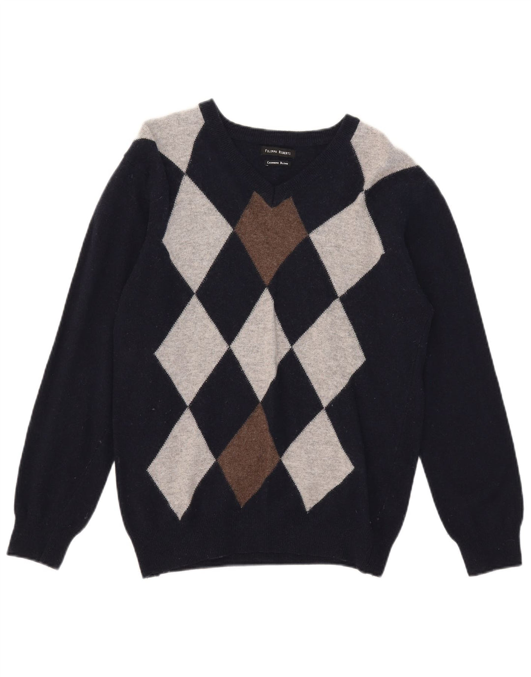 Filippo Riberti Herre V-hals sweater Small Navy Blue Argyle/Diamond