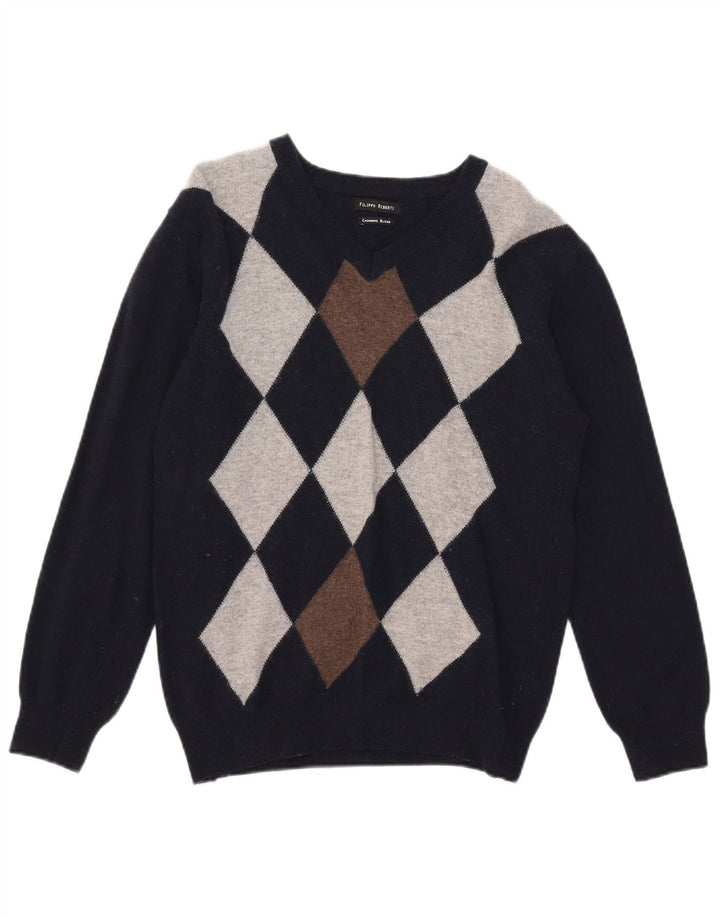 Filippo Riberti Herre V-hals sweater Small Navy Blue Argyle/Diamond