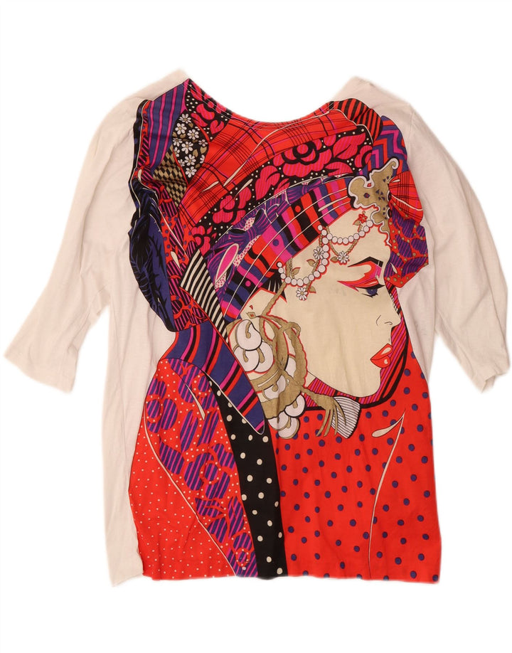 I BLUES Womens Abstract Pattern Graphic Top 3/4 Sleeve UK 16 Large White Vintage i Blues and Second-Hand i Blues from Messina Hembry 