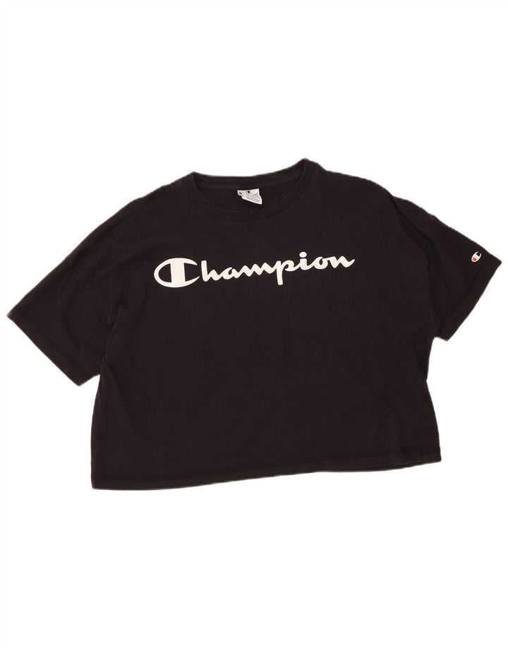 Champion Kvinder Oversized Crop Grafisk T-Shirt Top UK 14 Medium Sort