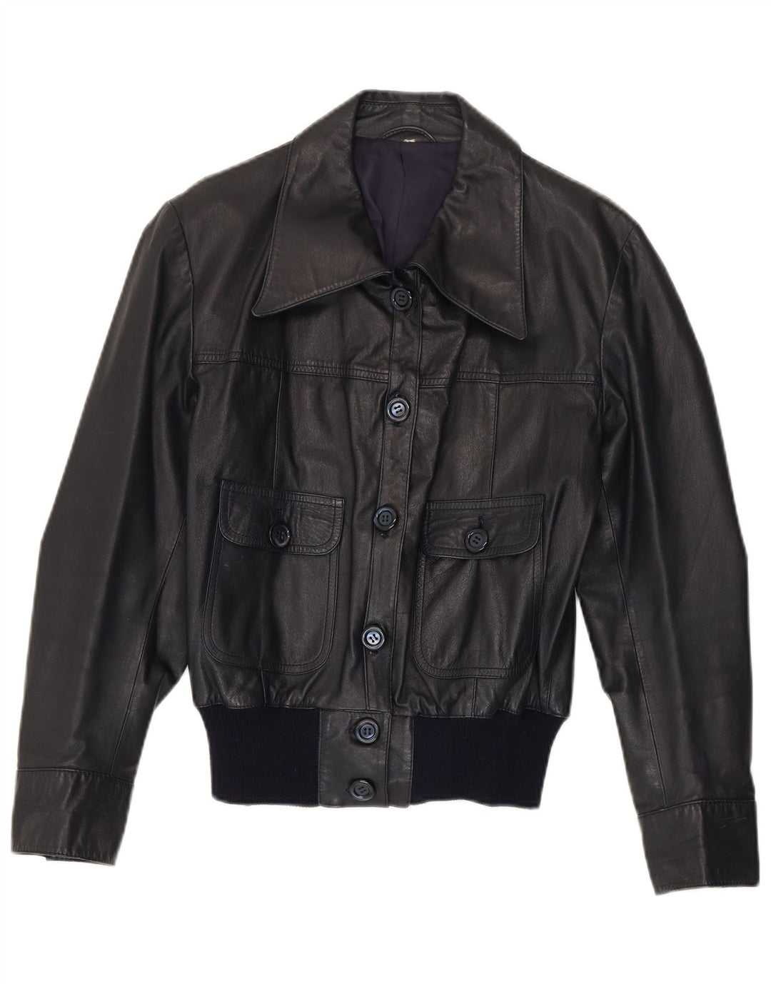 Vintage Kvinde Bomber Læderjakke UK 14 Medium Navy Blue Læder