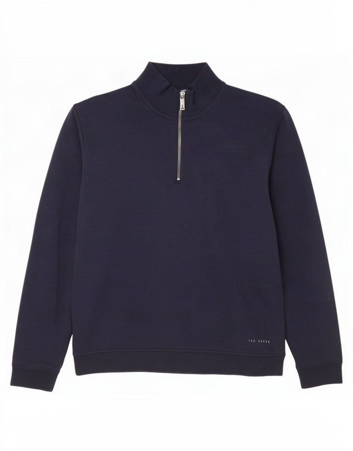 Ted Baker Herre Zip Neck Sweatshirt Jumper Størrelse 3 Medium Navy Blue Bomuld
