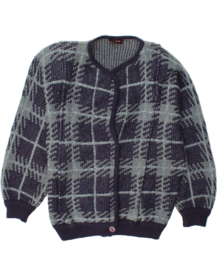VINTAGE Womens Oversized Cardigan Sweater UK 14 Medium Navy Blue Check Vintage Vintage and Second-Hand Vintage from Messina Hembry 