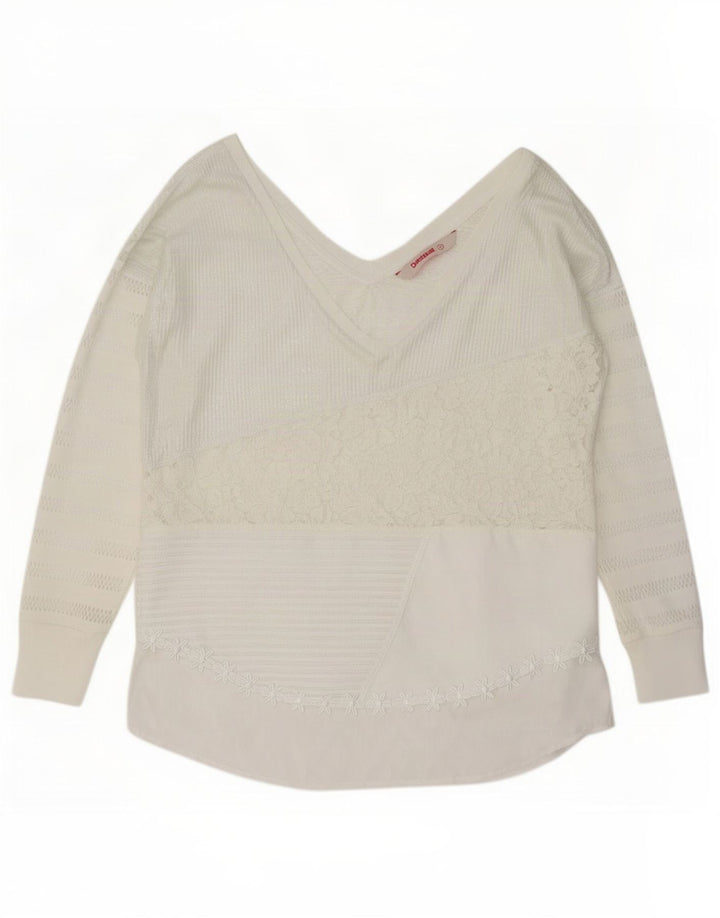 Desigual Dame Langærmet Bluse Top UK 14 Medium White Floral Polyester