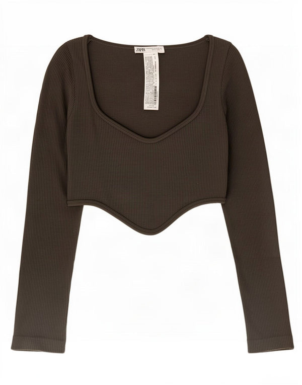Zara Womens Crop Top Langærmet UK 4 XS Khaki Polyamid
