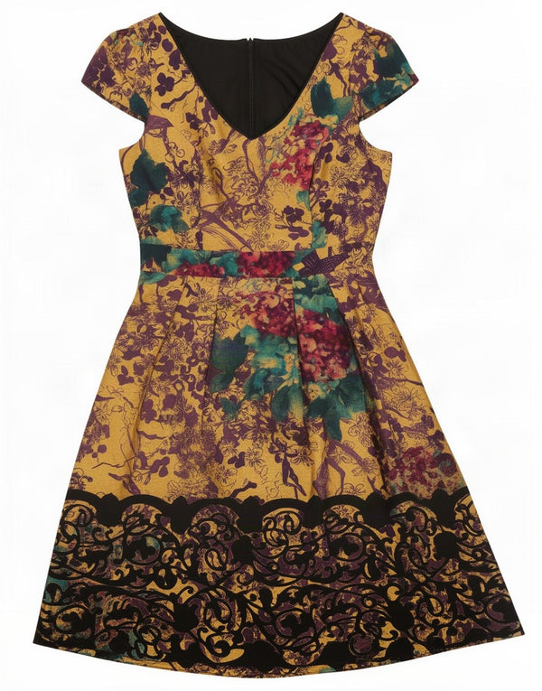 Monsoon Dame A-Line Kjole UK 8 Small Yellow Floral Viscose