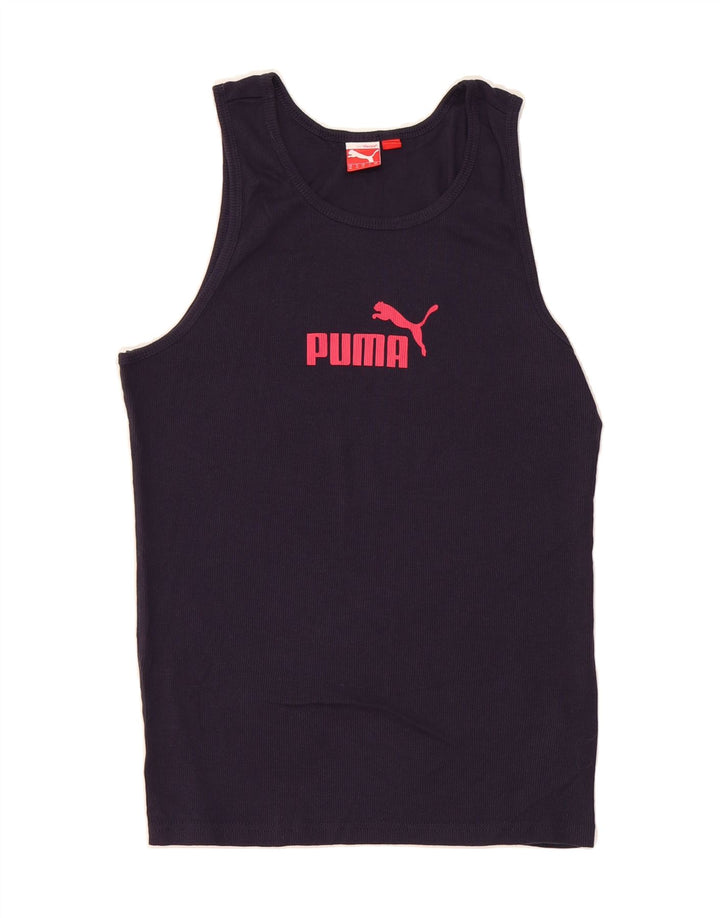 PUMA Womens Graphic Vest Top UK 16 Large Navy Blue Cotton Vintage Puma and Second-Hand Puma from Messina Hembry 